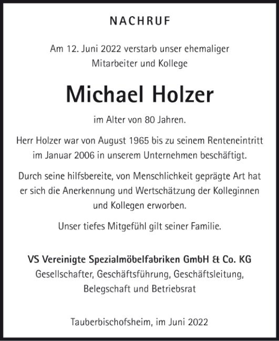 Traueranzeige von Michael Holzer von Fränkische Nachrichten