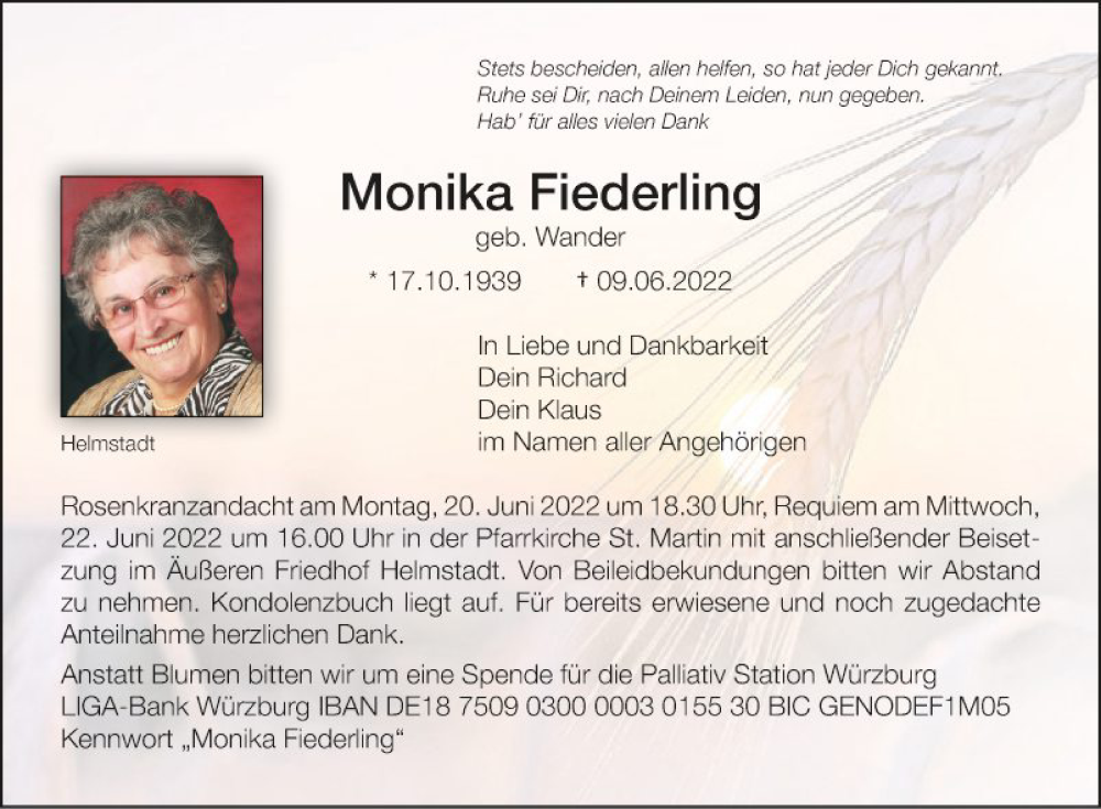  Traueranzeige für Monika Fiederling vom 18.06.2022 aus Fränkische Nachrichten