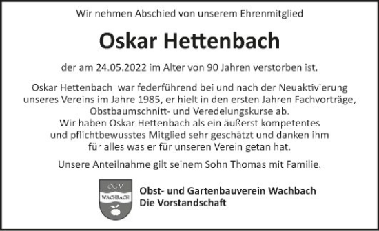 Traueranzeige von Oskar Hettenbach von Fränkische Nachrichten