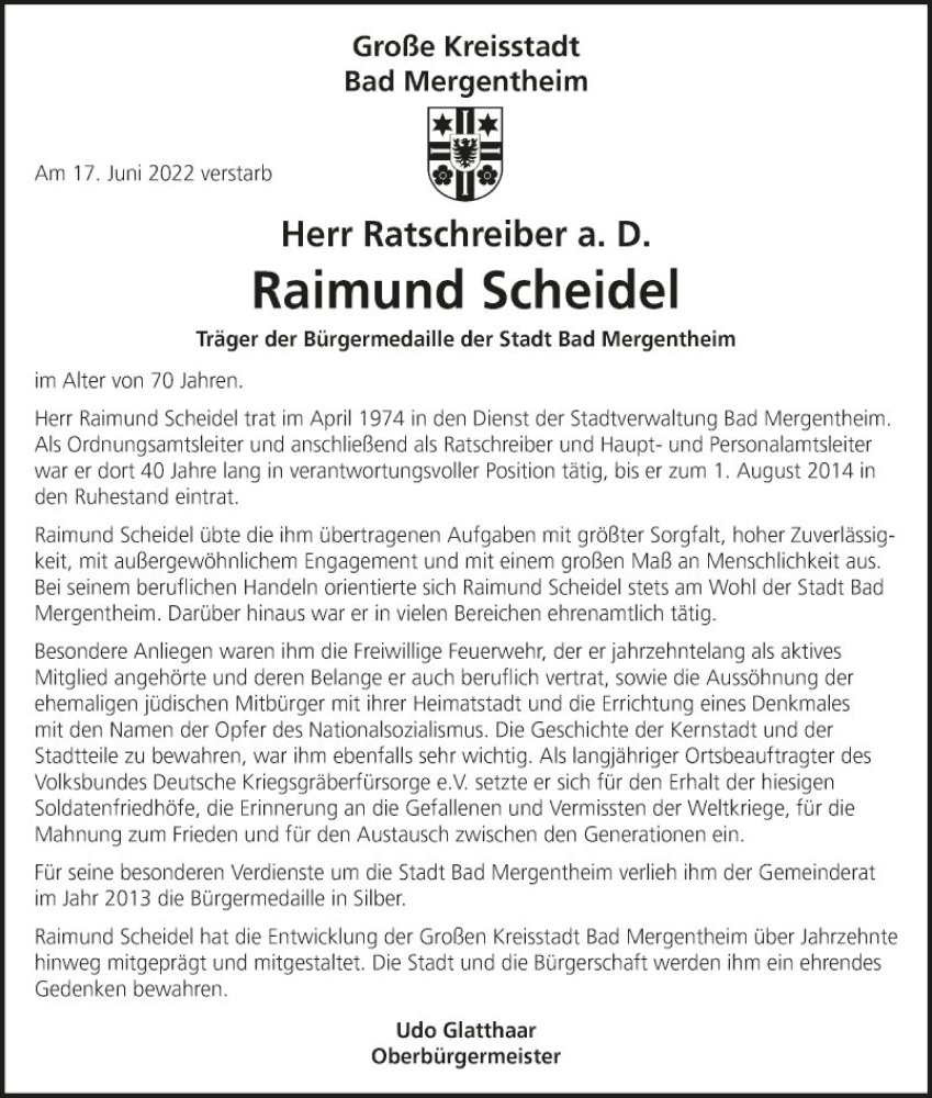  Traueranzeige für Raimund Scheidel vom 25.06.2022 aus Fränkische Nachrichten