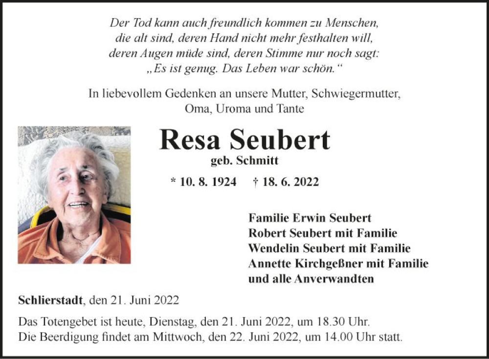  Traueranzeige für Resa Seubert vom 21.06.2022 aus Fränkische Nachrichten