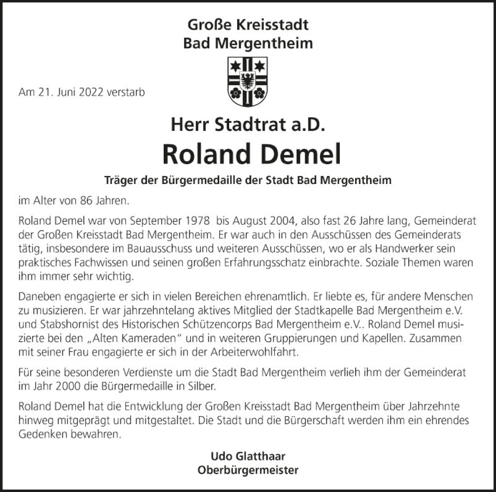  Traueranzeige für Roland Demel vom 29.06.2022 aus Fränkische Nachrichten
