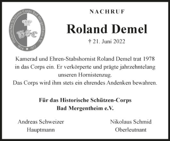 Traueranzeige von Roland Demel von Fränkische Nachrichten
