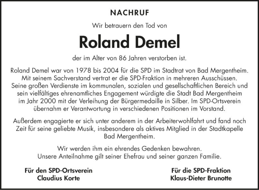  Traueranzeige für Roland Demel vom 01.07.2022 aus Fränkische Nachrichten
