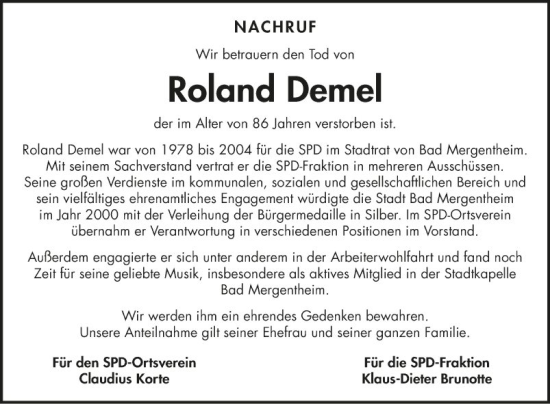 Traueranzeige von Roland Demel von Fränkische Nachrichten