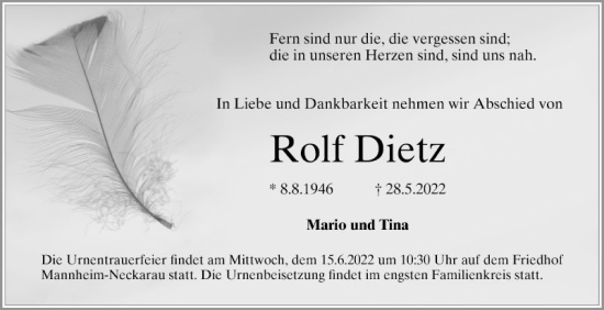 Traueranzeige von Rolf Dietz von Mannheimer Morgen