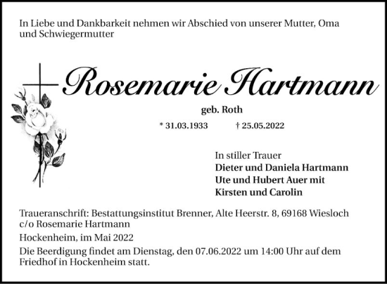 Traueranzeige von Rosemarie Hartmann von Schwetzinger Zeitung