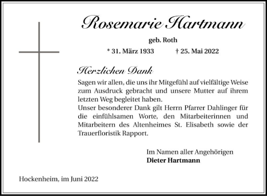 Traueranzeige von Rosemarie Hartmann von Schwetzinger Zeitung