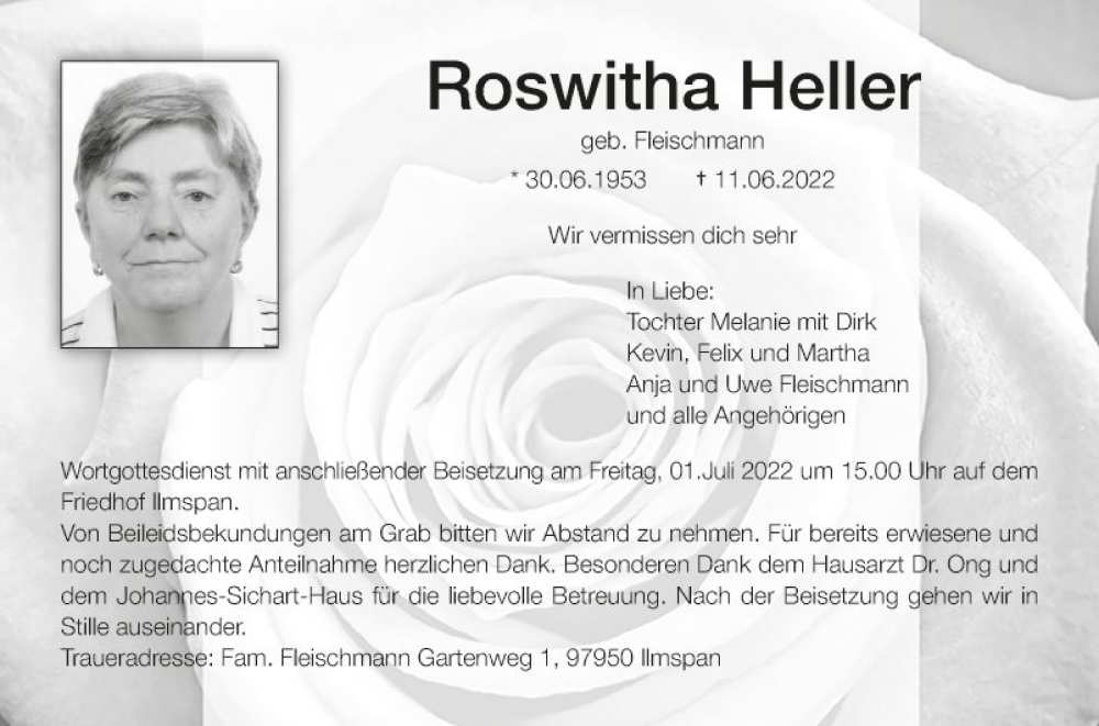  Traueranzeige für Roswitha Heller vom 25.06.2022 aus Fränkische Nachrichten