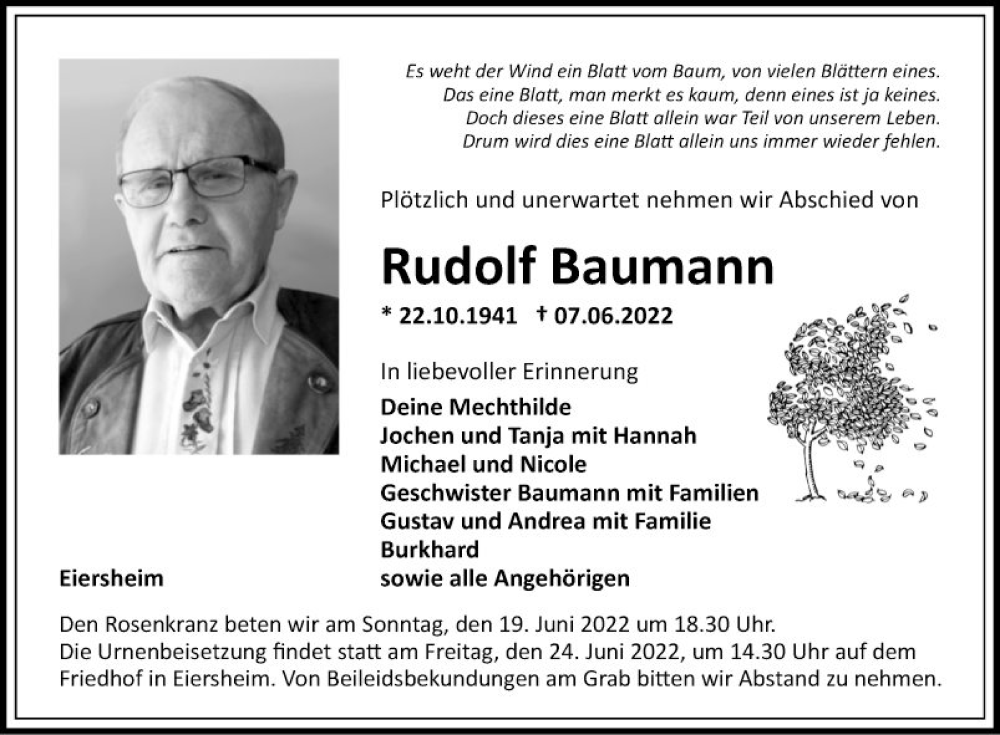 Traueranzeige für Rudolf Baumann vom 18.06.2022 aus Fränkische Nachrichten