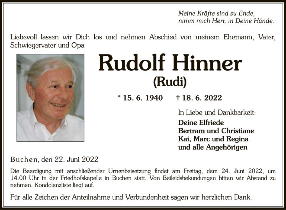  Traueranzeige für Rudolf Hinner vom 22.06.2022 aus Fränkische Nachrichten