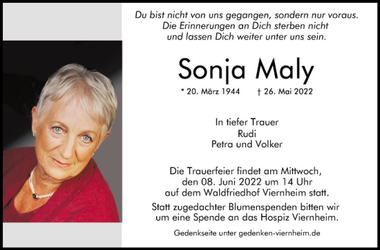 Traueranzeige von Sonja Maly von Mannheimer Morgen