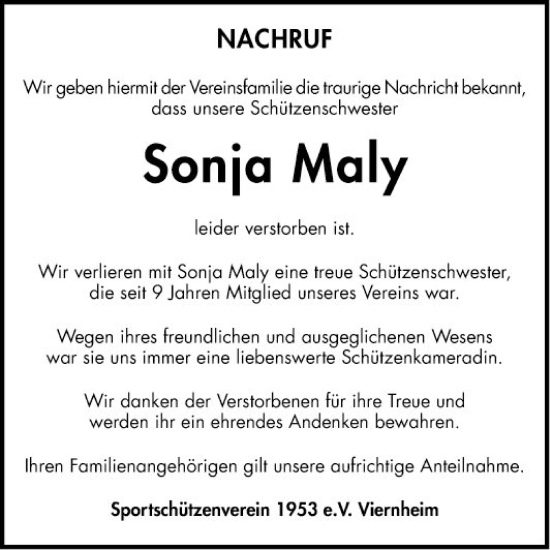 Traueranzeige von Sonja Maly von Mannheimer Morgen