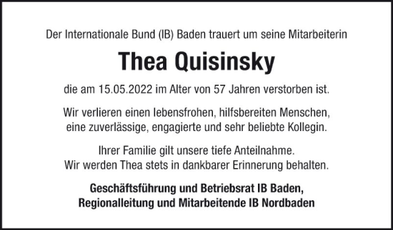 Traueranzeige von Thea Quisinsky von Mannheimer Morgen