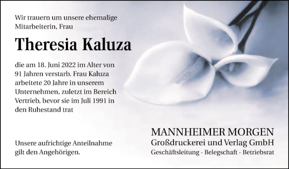 Traueranzeigen Von Theresia Kaluza Trauerportal Ihrer Tageszeitung 9539