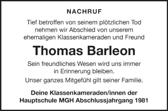 Traueranzeige von Thomas Barleon von Fränkische Nachrichten