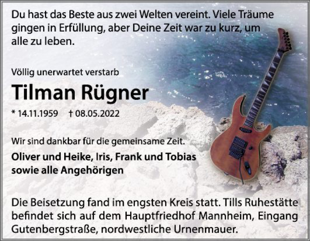  Traueranzeige für Tilman Rügner vom 22.06.2022 aus Mannheimer Morgen