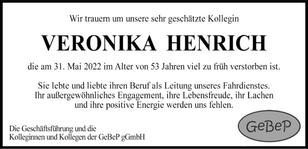  Traueranzeige für Veronika Henrich vom 04.06.2022 aus Mannheimer Morgen