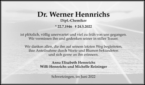 Traueranzeige von Werner Hennrichs von Schwetzinger Zeitung