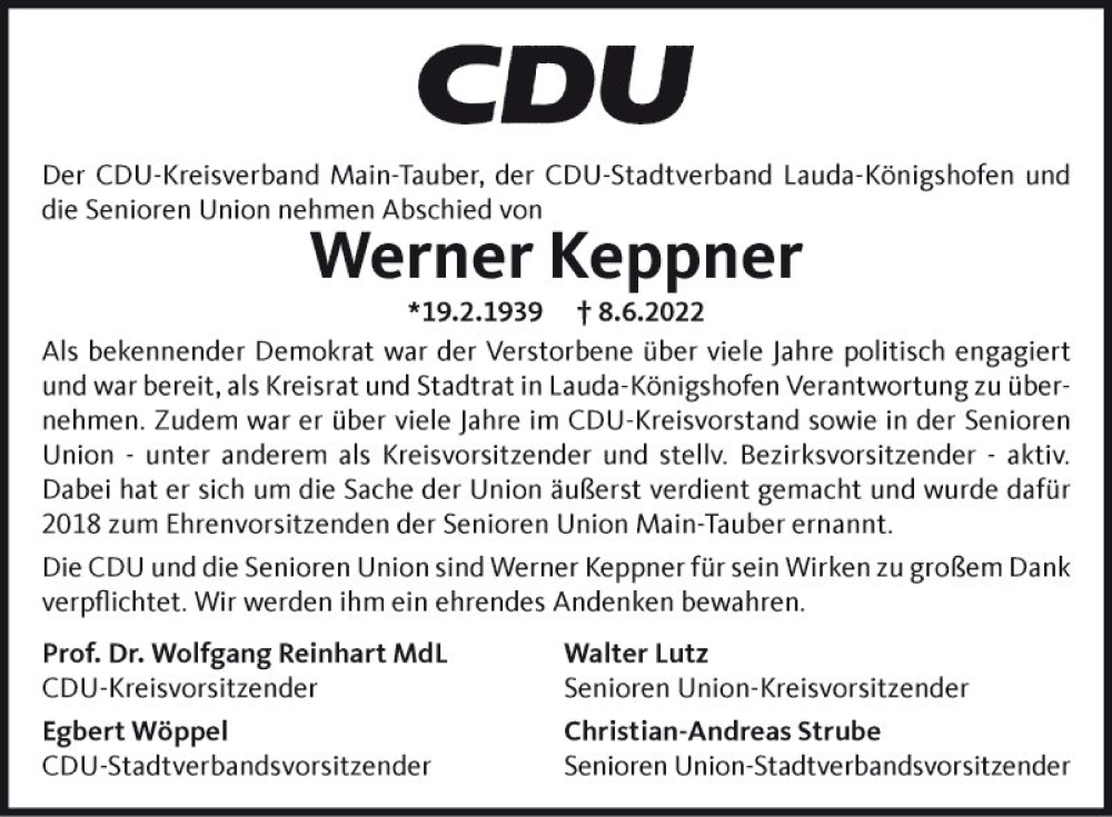  Traueranzeige für Werner Keppner vom 11.06.2022 aus Fränkische Nachrichten