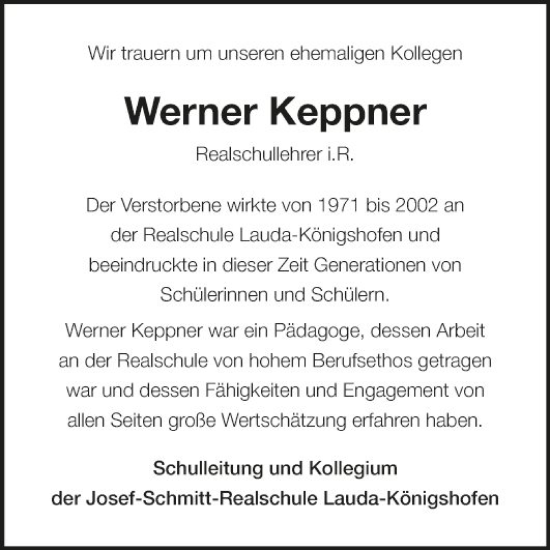 Traueranzeige von Werner Keppner von Fränkische Nachrichten