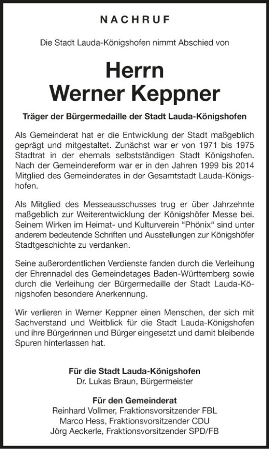 Traueranzeige von Werner Keppner von Fränkische Nachrichten