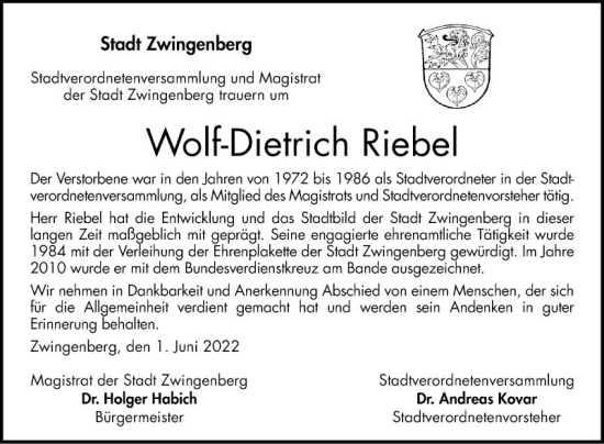 Traueranzeige von Wolf-Dietrich Riebel von Bergsträßer Anzeiger
