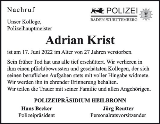 Traueranzeige von Adrian Krist von Fränkische Nachrichten