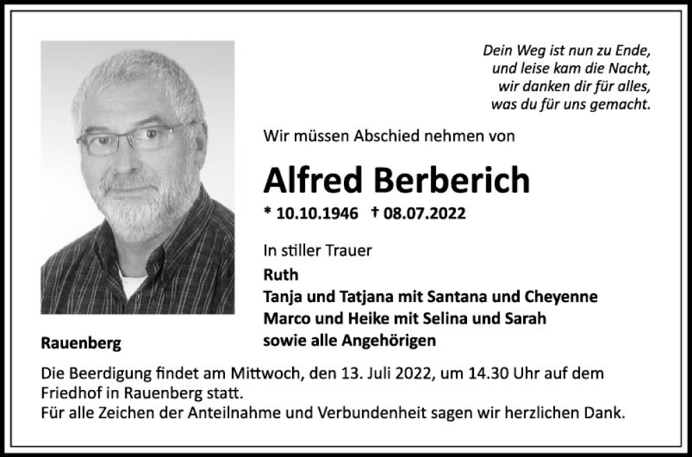 Traueranzeige für Alfred Berberich vom 12.07.2022 aus Fränkische Nachrichten