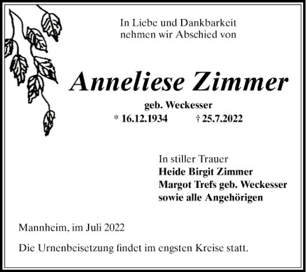  Traueranzeige für Anneliese Zimmer vom 30.07.2022 aus Mannheimer Morgen