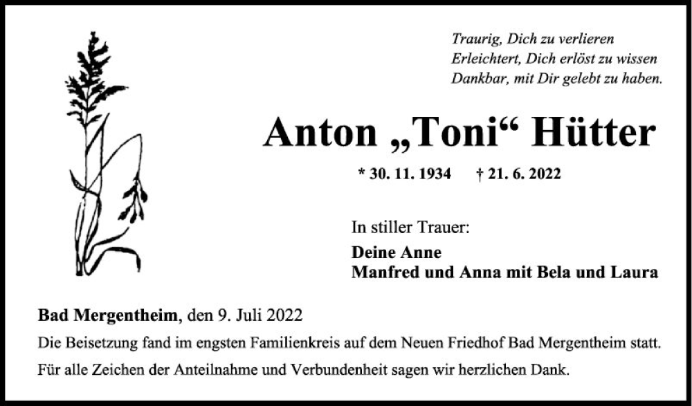  Traueranzeige für Anton Hütter vom 09.07.2022 aus Fränkische Nachrichten