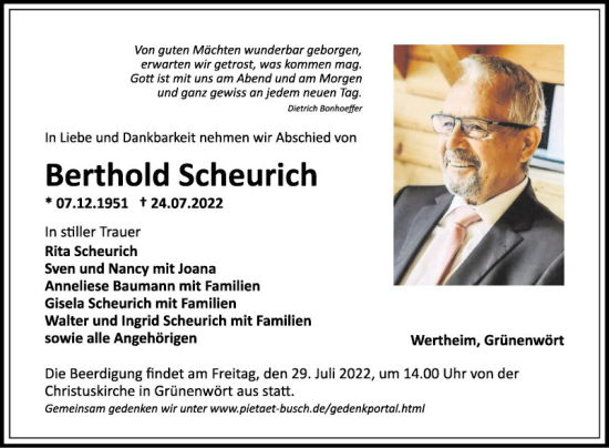 Traueranzeige von Berthold Scheurich von Fränkische Nachrichten