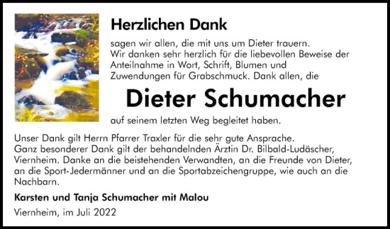 Traueranzeige von Dieter Schumacher von Mannheimer Morgen