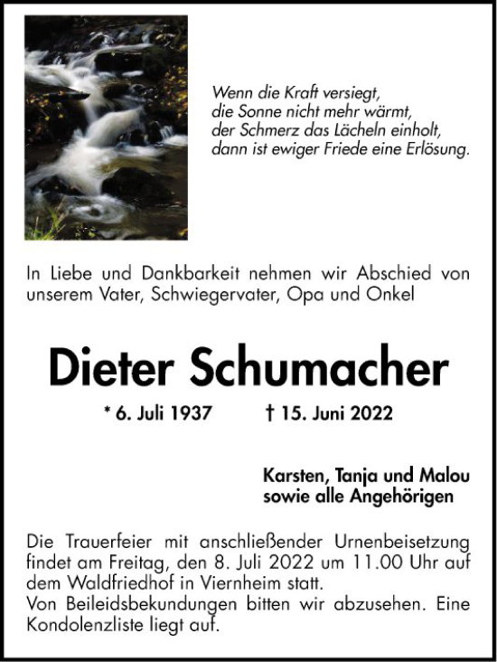 Traueranzeige von Dieter Schumacher von Mannheimer Morgen