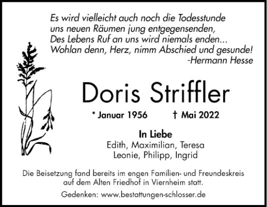 Traueranzeige von Doris Striffler von Mannheimer Morgen