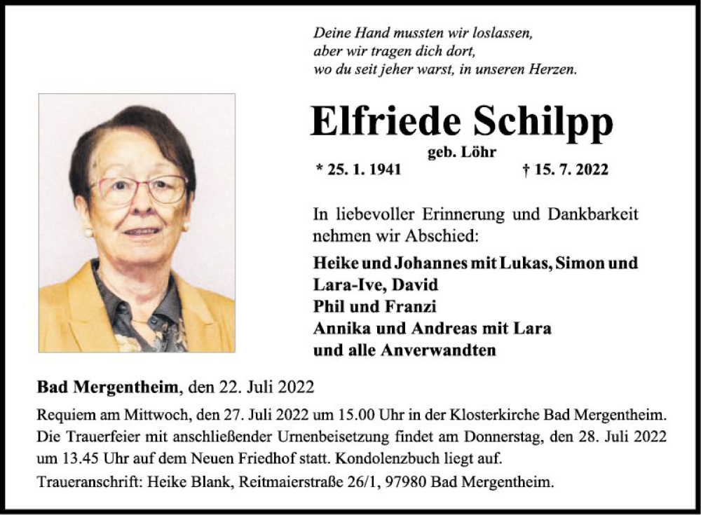  Traueranzeige für Elfriede Schilpp vom 22.07.2022 aus Fränkische Nachrichten