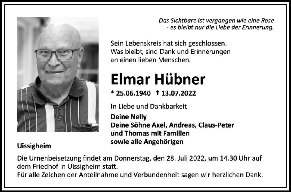  Traueranzeige für Elmar Hübner vom 23.07.2022 aus Fränkische Nachrichten