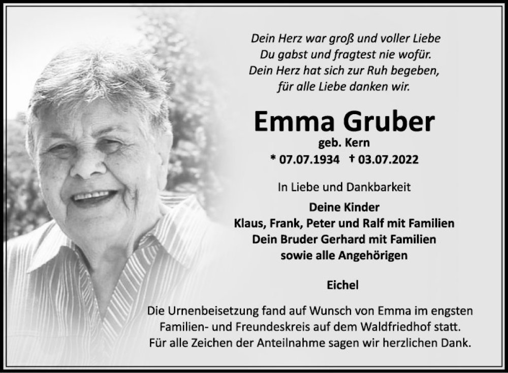  Traueranzeige für Emma Gruber vom 16.07.2022 aus Fränkische Nachrichten