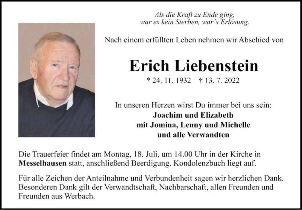  Traueranzeige für Erich Liebenstein vom 15.07.2022 aus Fränkische Nachrichten