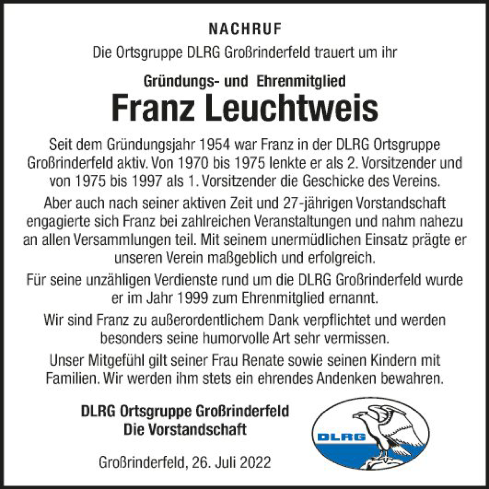  Traueranzeige für Franz Leuchtweis vom 26.07.2022 aus Fränkische Nachrichten