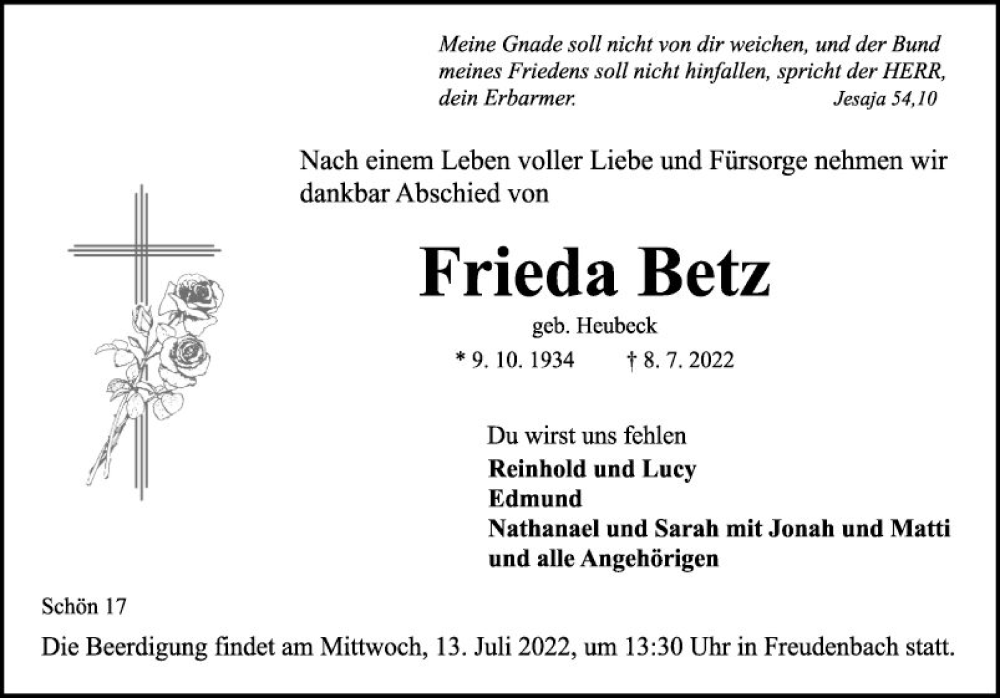  Traueranzeige für Frieda Betz vom 12.07.2022 aus Fränkische Nachrichten
