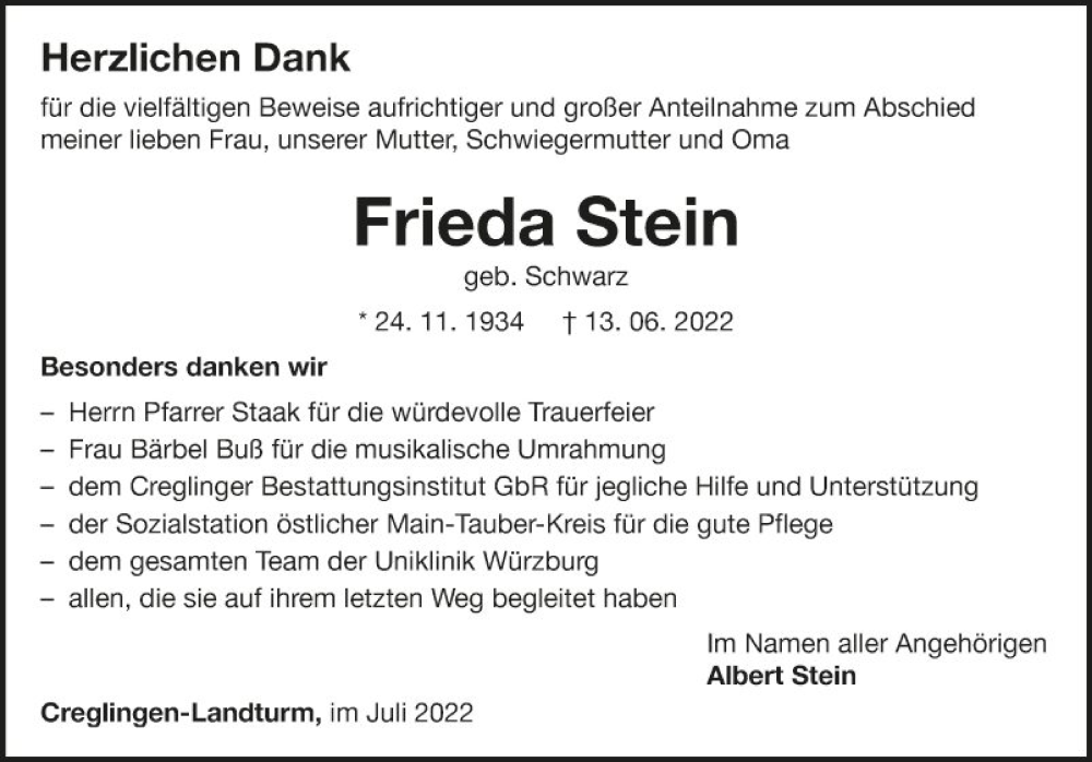  Traueranzeige für Frieda Stein vom 04.07.2022 aus Fränkische Nachrichten