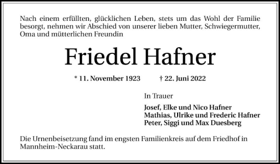 Traueranzeige von Friedel Hafner von Mannheimer Morgen