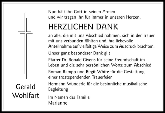 Traueranzeige von Gerald Wohlfart von Mannheimer Morgen