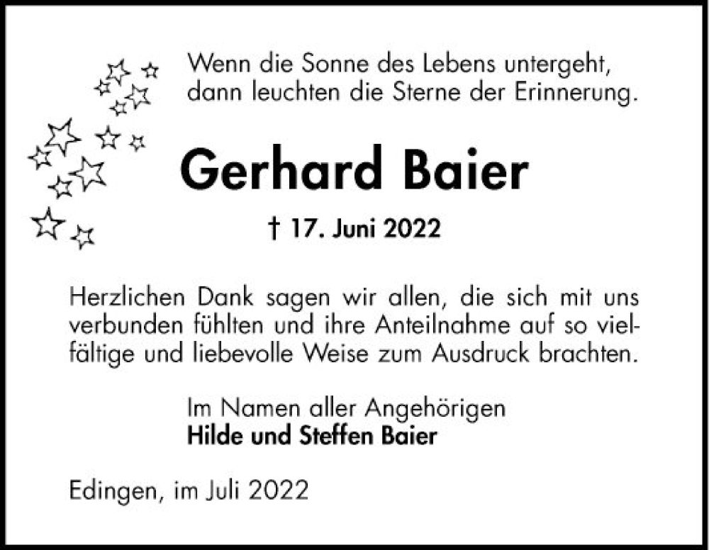  Traueranzeige für Gerhard Baier vom 09.07.2022 aus Mannheimer Morgen