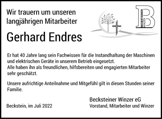 Traueranzeige von Gerhard Endres von Fränkische Nachrichten