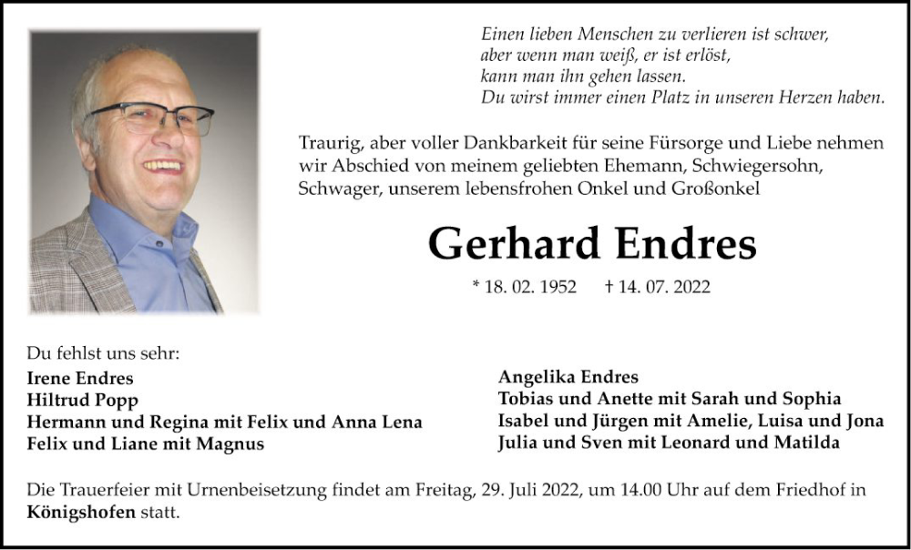  Traueranzeige für Gerhard Endres vom 23.07.2022 aus Fränkische Nachrichten