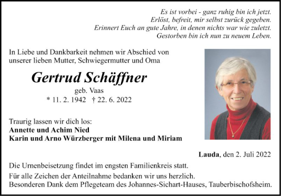 Traueranzeige von Gertrud Schäffner von Fränkische Nachrichten