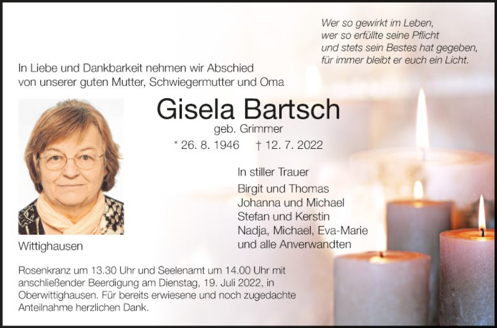 Traueranzeige für Gisela Bartsch vom 16.07.2022 aus Fränkische Nachrichten
