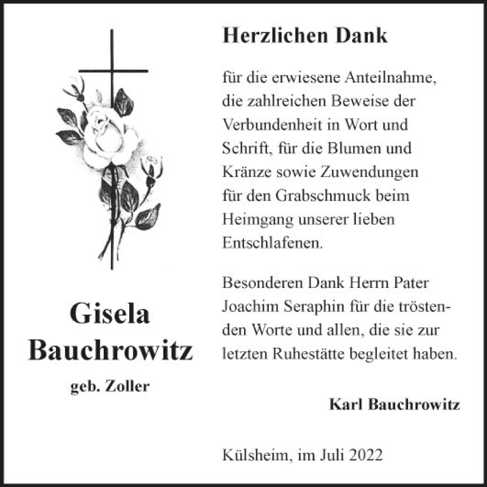  Traueranzeige für Gisela Bauchrowitz vom 09.07.2022 aus Fränkische Nachrichten